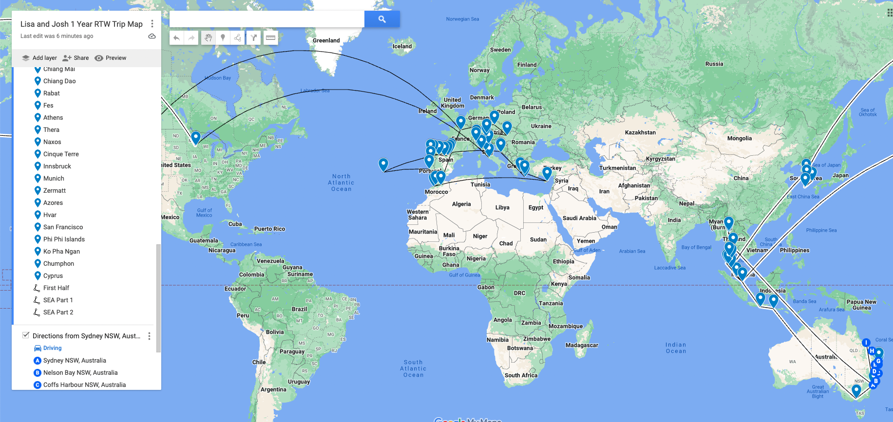 World map showing trip route